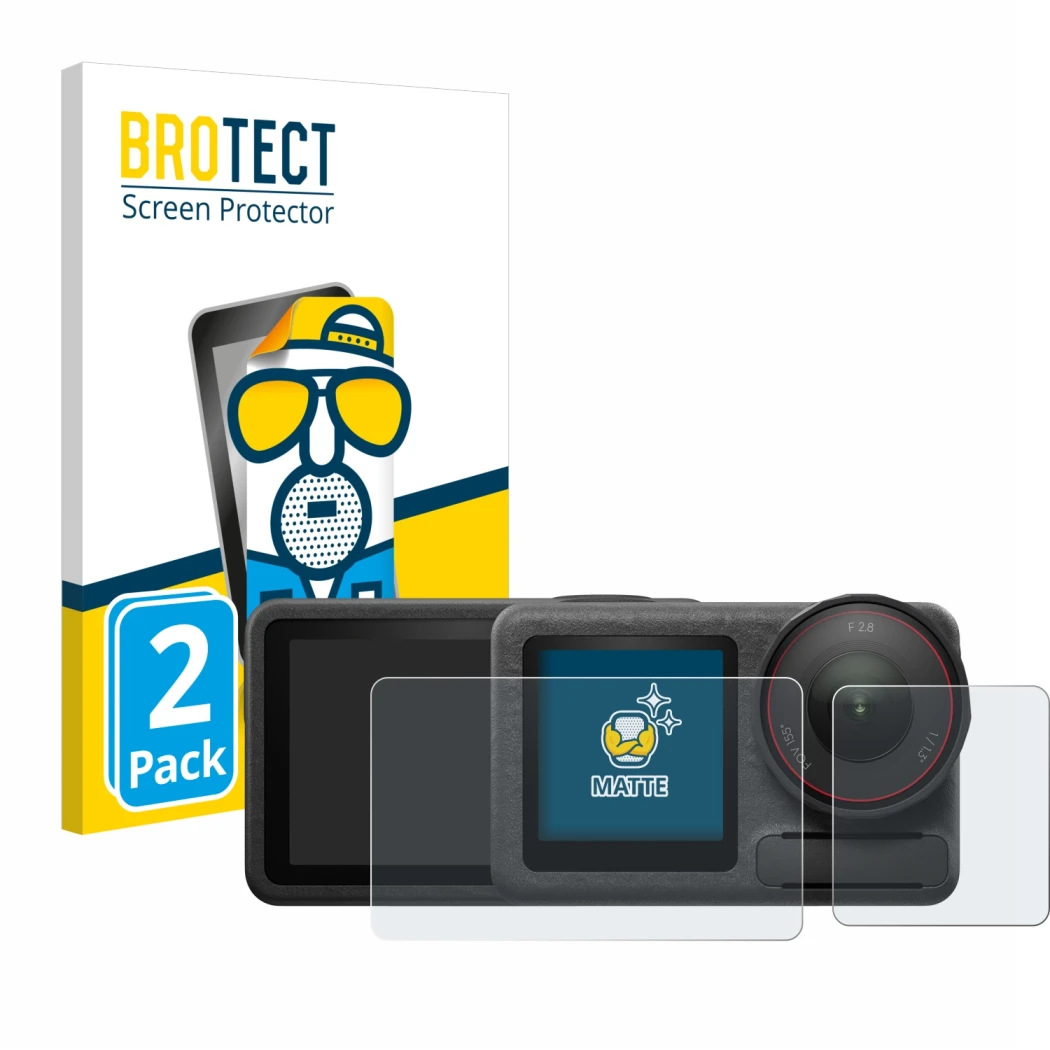 Front side of a product packaging with the brand logo BROTECT. Next to it is the device DJI Osmo Action 5 Pro (case-friendly)