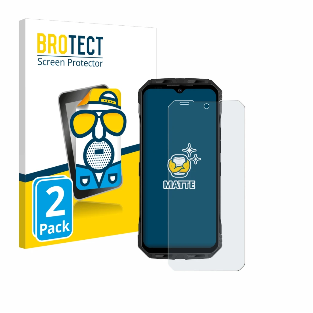 Front side of a product packaging with the brand logo BROTECT. Next to it is the device Doogee V Max Plus shown with the corre