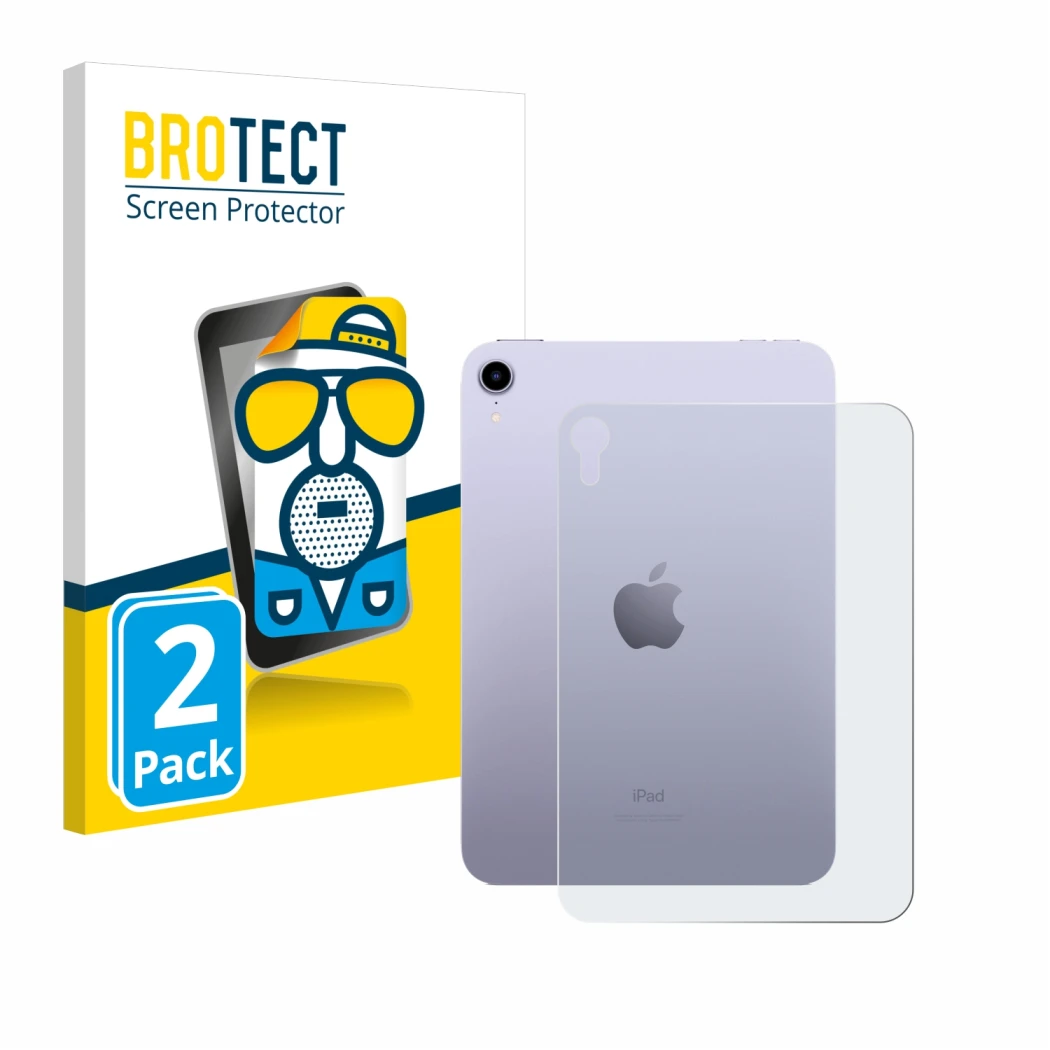 Front side of a product packaging with the brand logo BROTECT. Next to it is the device Apple iPad Mini 7 2024 (Back) shown wi