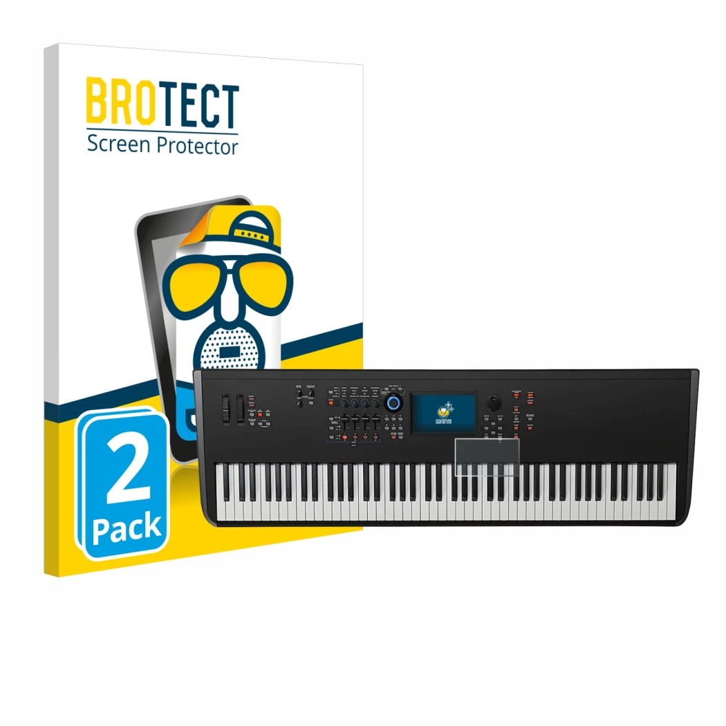 Front side of a product packaging with the brand logo BROTECT. Next to it is the device Yamaha MODX8+ shown with the correspon