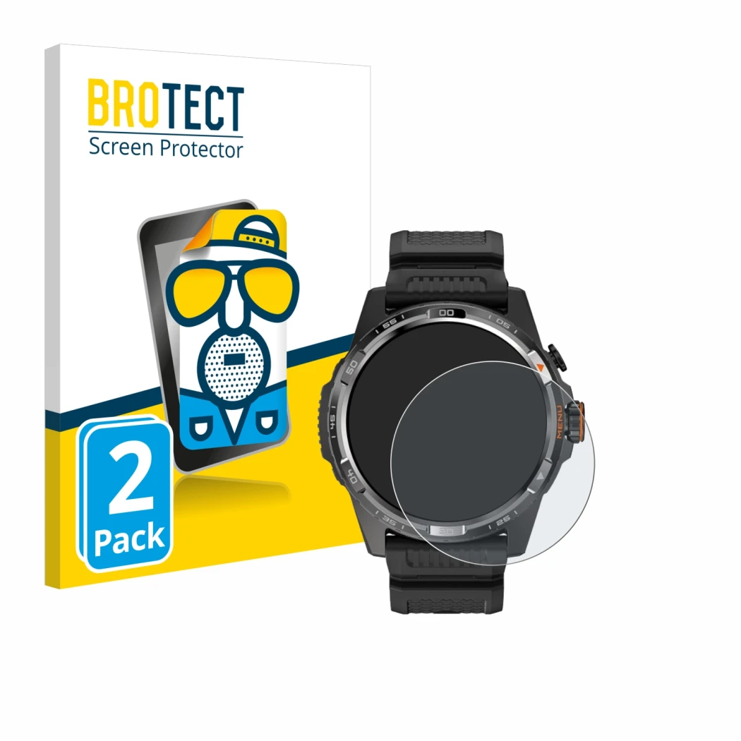 Front side of a product packaging with the brand logo BROTECT. Next to it is the device Mobvoi Ticwatch Atlas shown with the c