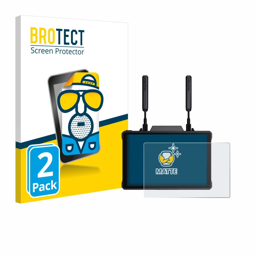 Front side of a product packaging with the brand logo BROTECT. Next to it is the device Hollyland Pyro 7 shown with the corres