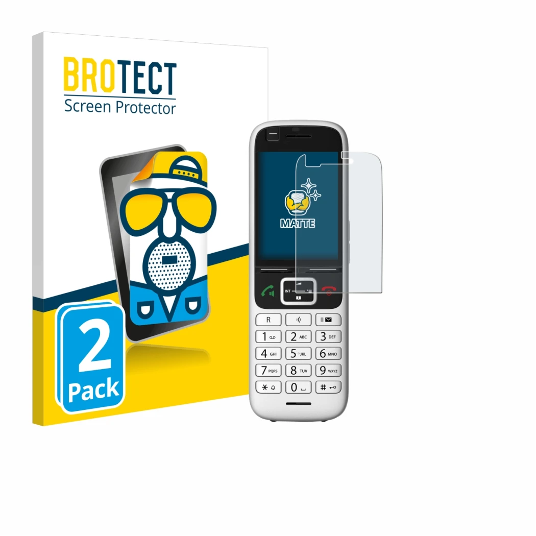 Front side of a product packaging with the brand logo BROTECT. Next to it is the device Unify OpenScape S6 shown with the corr