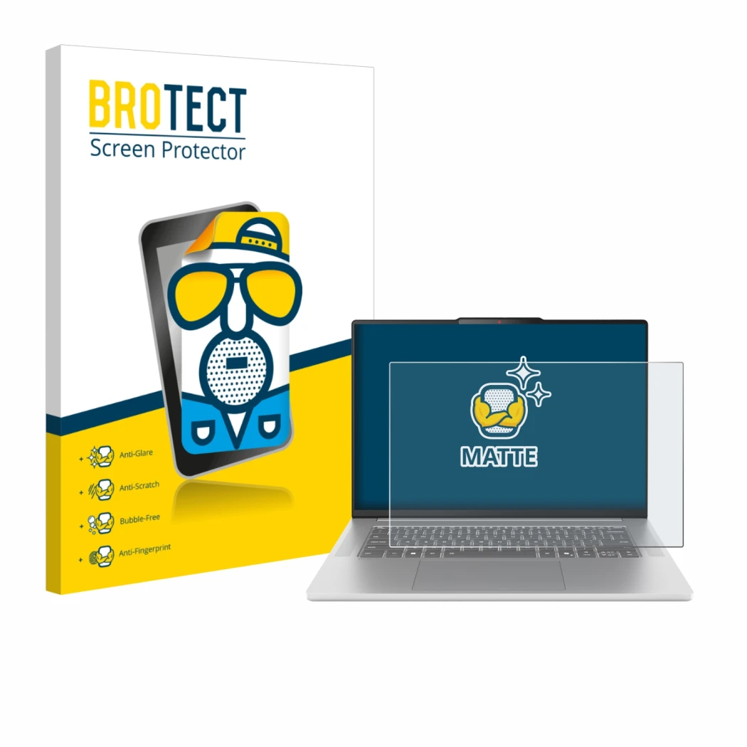 Front side of a product packaging with the brand logo BROTECT. Next to it is the device Lenovo IdeaPad Slim 5 Gen 10 15