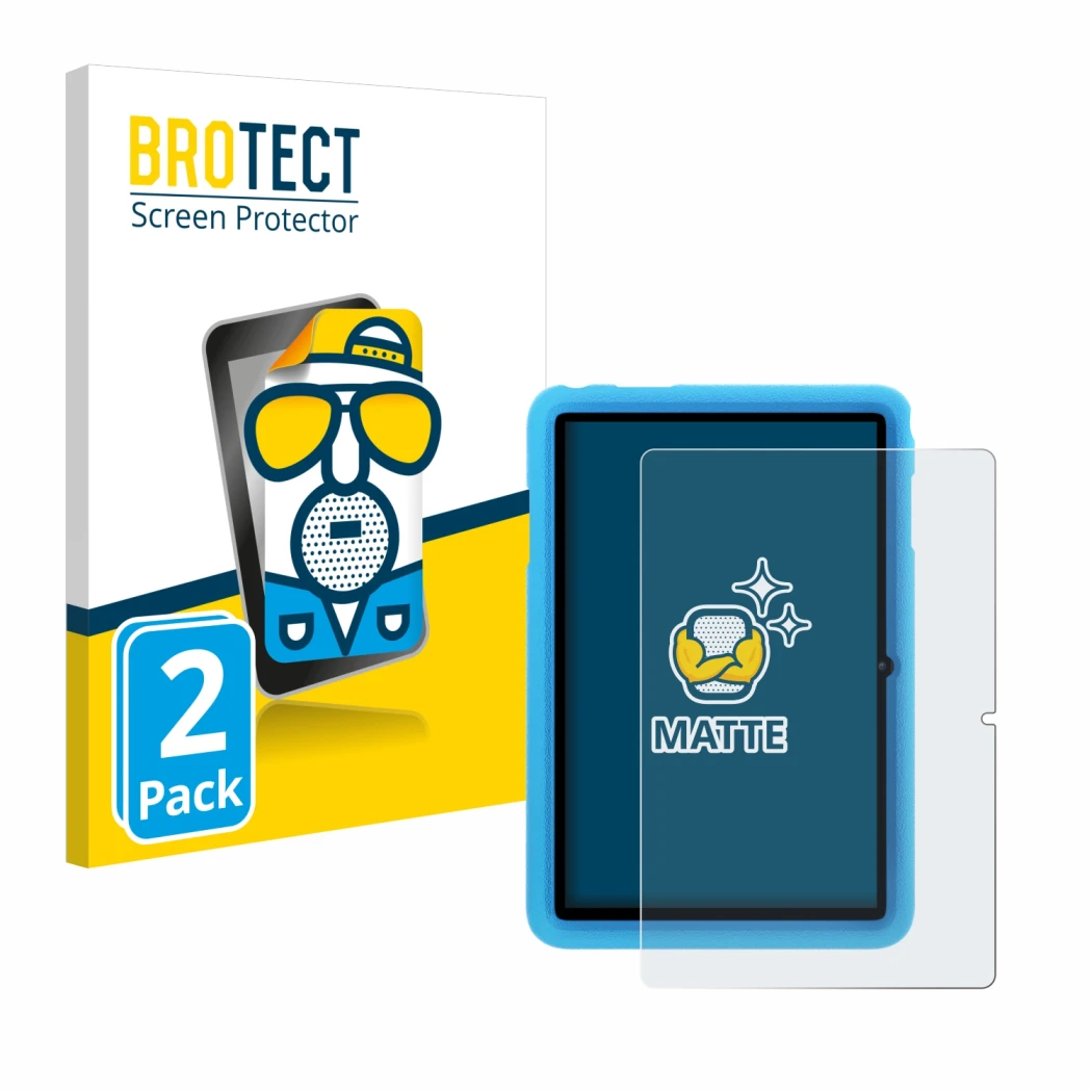 Front side of a product packaging with the brand logo BROTECT. Next to it is the device Blackview Tab 8 Kids shown with the co