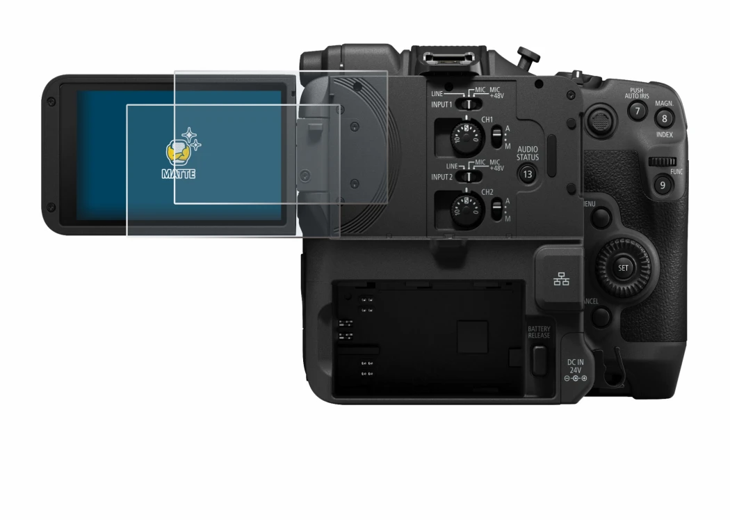 Image of the device Canon EOS C400 with a wide variety of screen protectors.