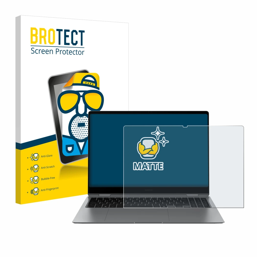 Front side of a product packaging with the brand logo BROTECT. Next to it is the device Samsung Galaxy Book5 Pro 360 16