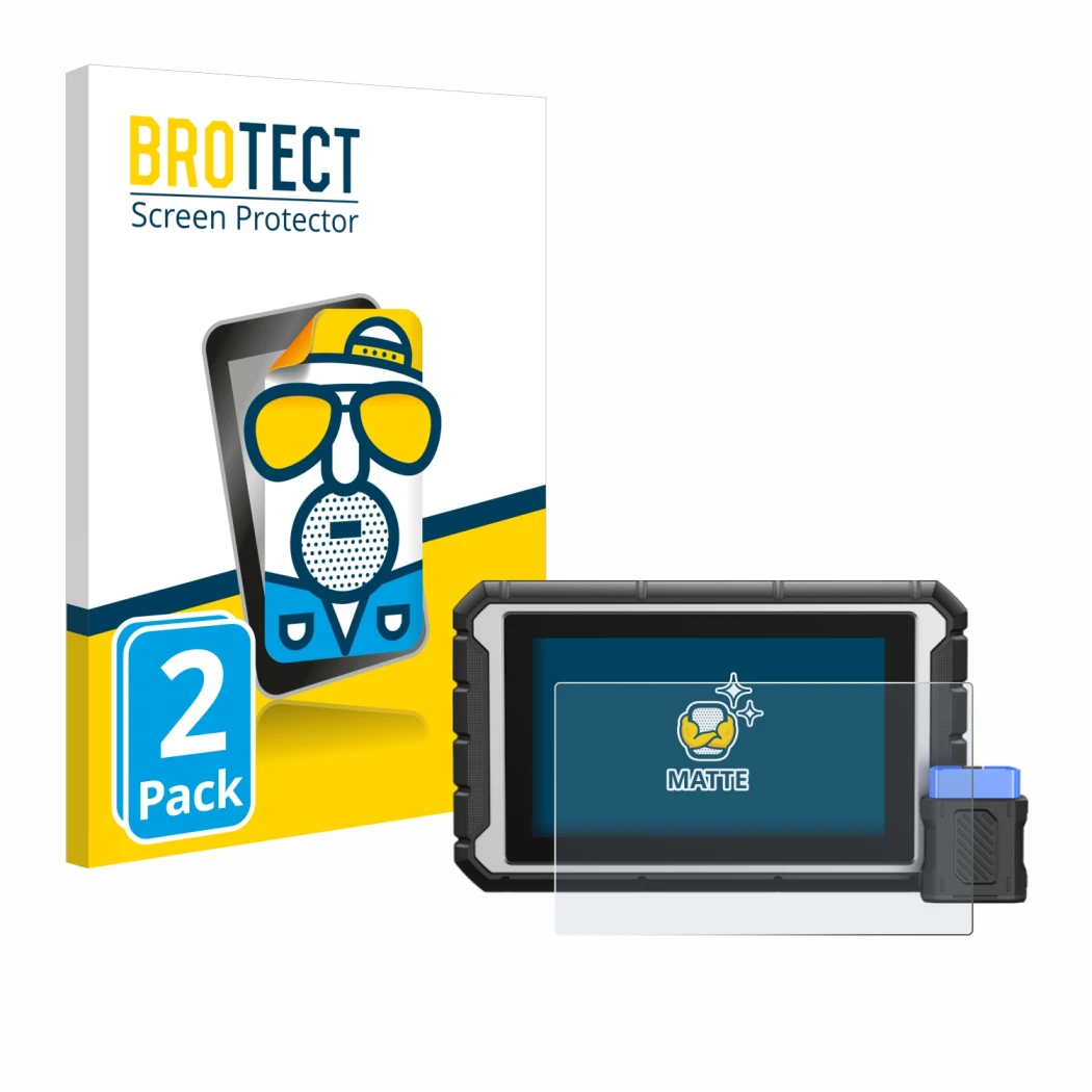 Front side of a product packaging with the brand logo BROTECT. Next to it is the device ArtiDiag 900BT shown with the correspo