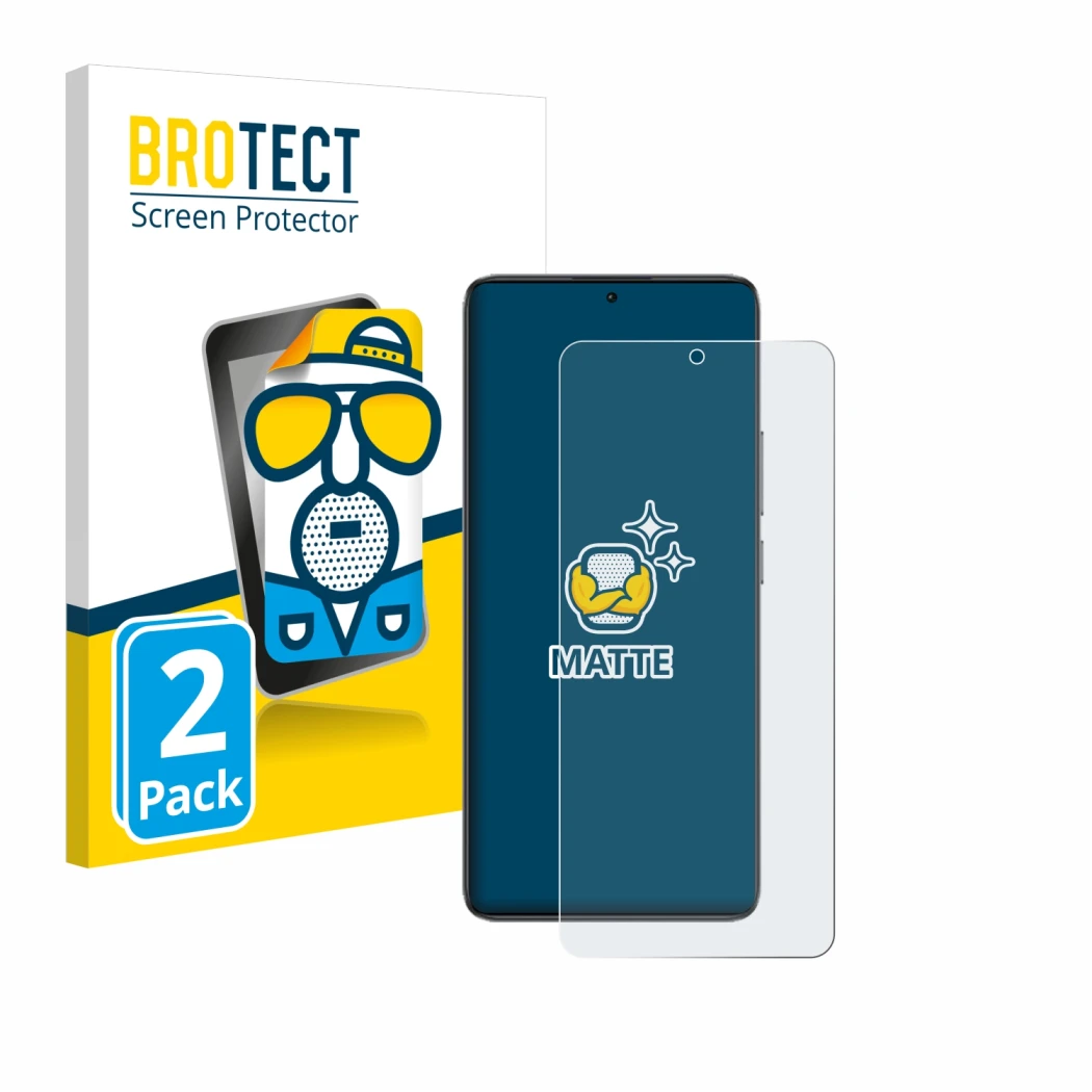 Front side of a product packaging with the brand logo BROTECT. Next to it is the device Xiaomi Poco F7 Pro shown with the corr