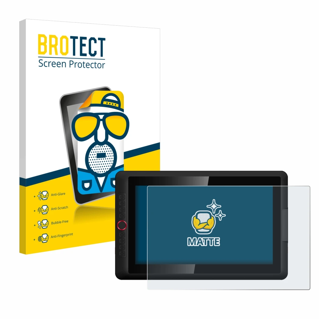 Front side of a product packaging with the brand logo BROTECT. Next to it is the device XP-Pen Artist 15.6 Pro V2 shown with t