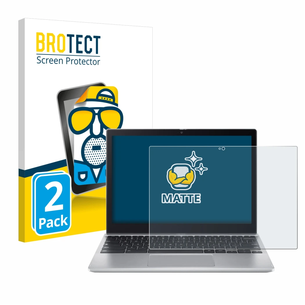 Front side of a product packaging with the brand logo BROTECT. Next to it is the device Acer Chromebook Spin 312 shown with th