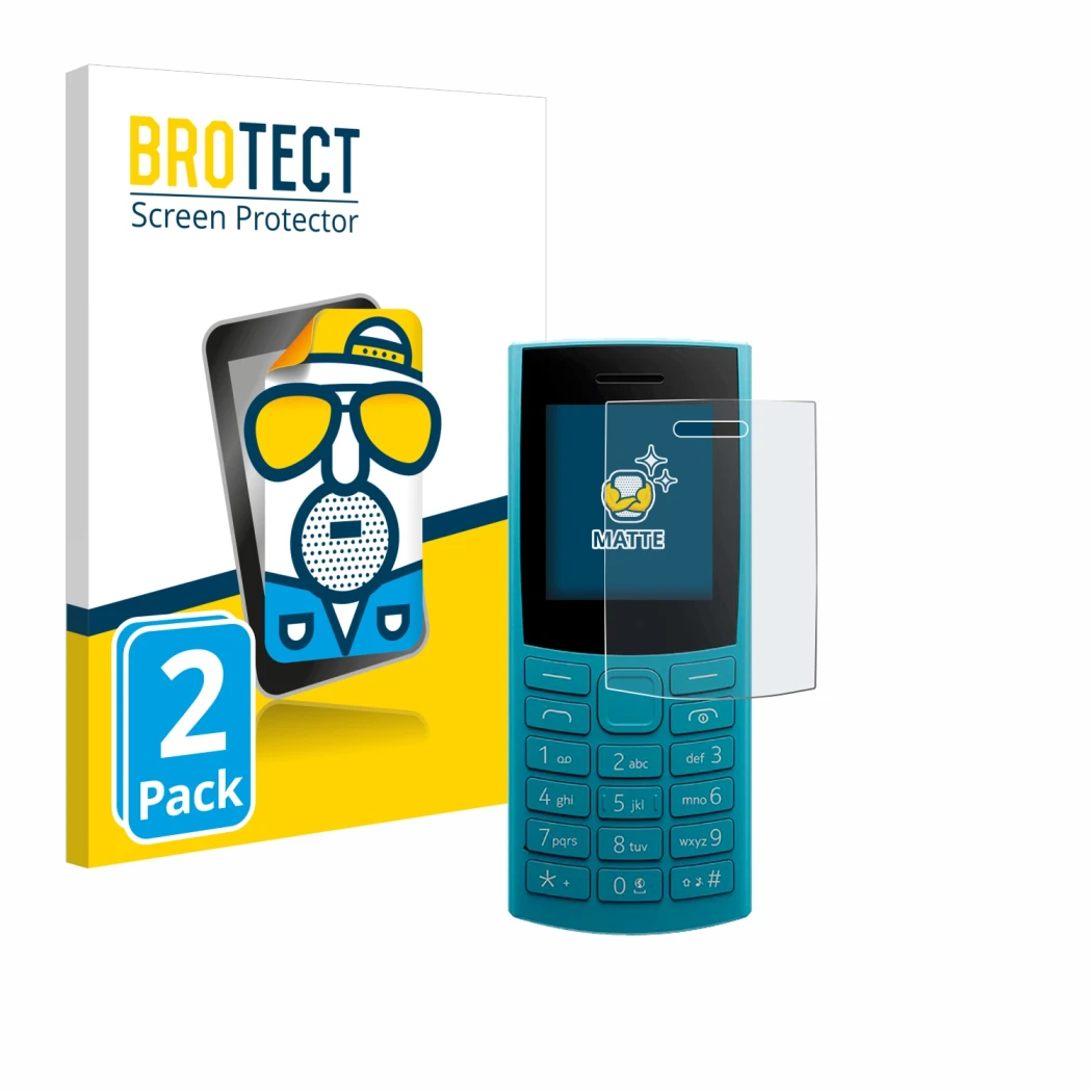 Front side of a product packaging with the brand logo BROTECT. Next to it is the device Nokia 105 4G 2nd Edition shown with th
