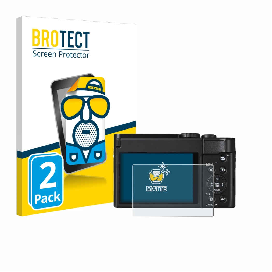 Front side of a product packaging with the brand logo BROTECT. Next to it is the device Panasonic Lumix DC-TZ99 shown with the