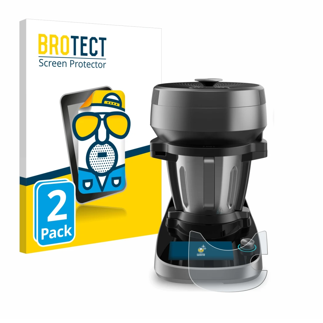 Front side of a product packaging with the brand logo BROTECT. Next to it is the device Cecotec Mambo Victory XL shown with th