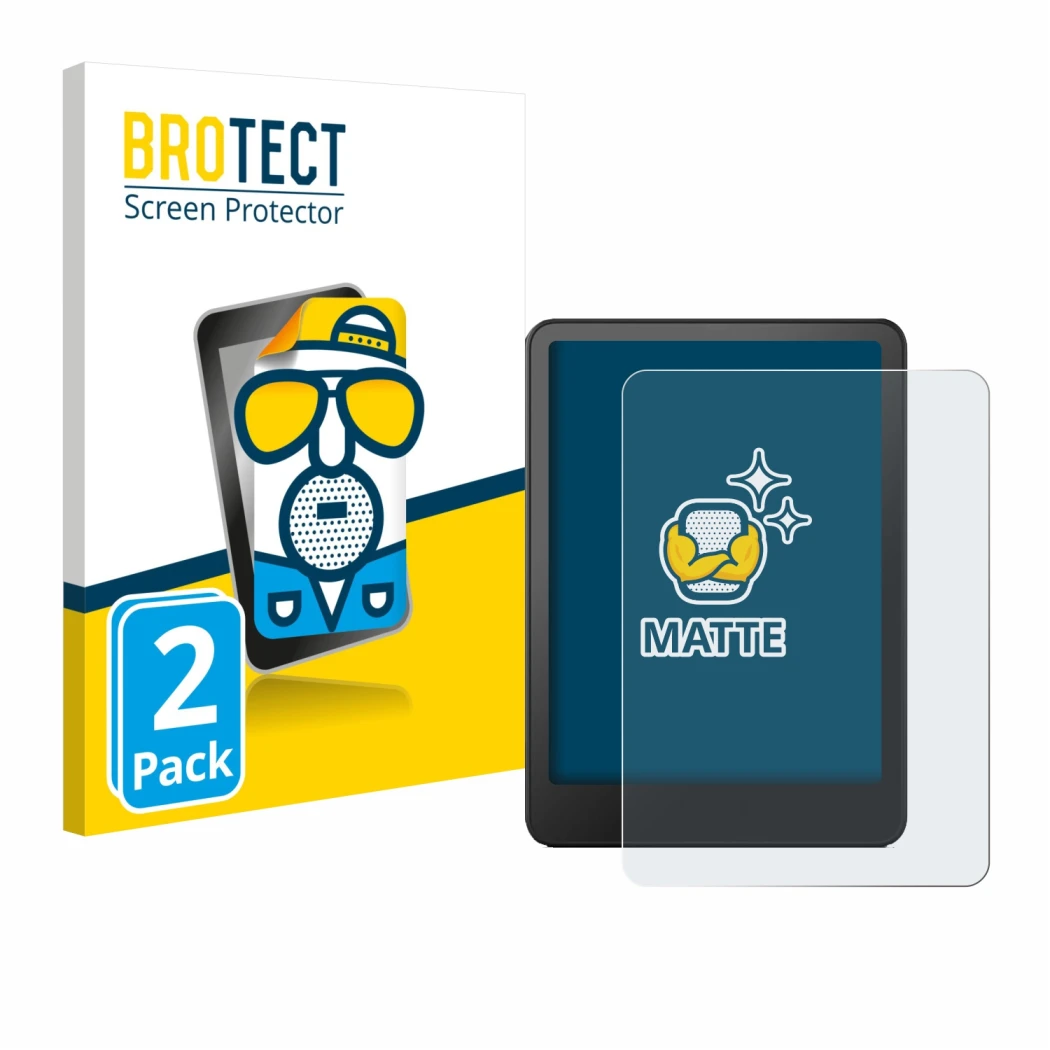 Front side of a product packaging with the brand logo BROTECT. Next to it is the device Amazon Kindle Paperwhite 2024 Signatur