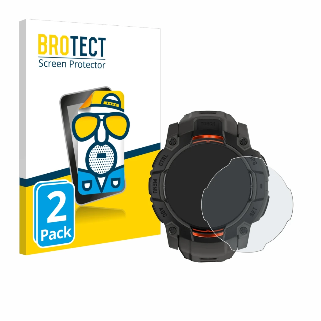 Front side of a product packaging with the brand logo BROTECT. Next to it is the device Garmin Instinct 3 Solar (50 mm) shown