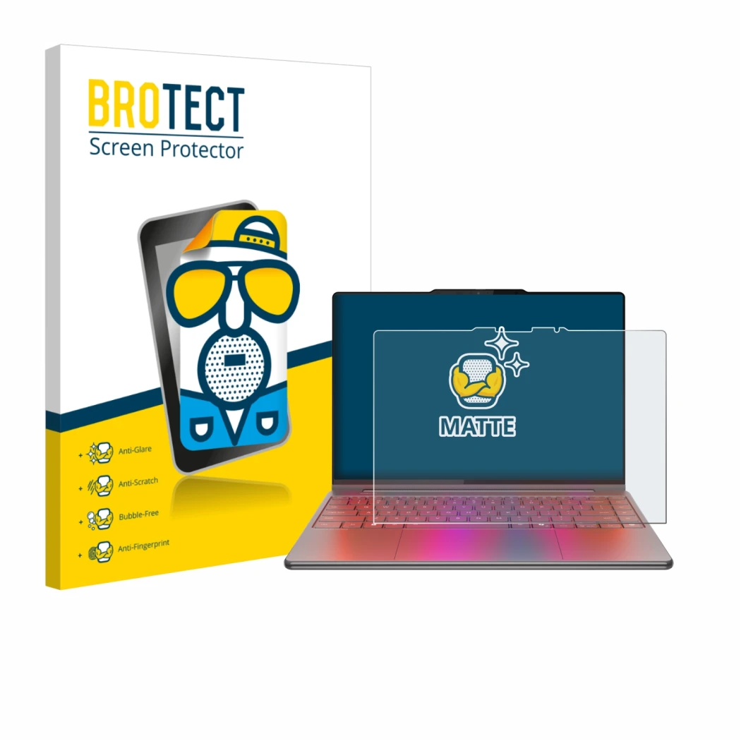 Front side of a product packaging with the brand logo BROTECT. Next to it is the device Lenovo Yoga 9i 2-in-1 Gen 10 Aura Edit
