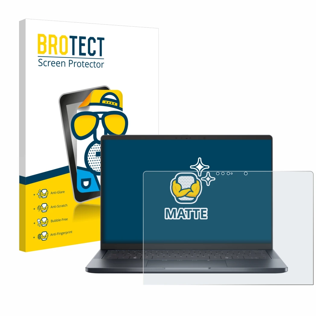 Front side of a product packaging with the brand logo BROTECT. Next to it is the device Dell Pro 14 Premium PA14250 Touch show