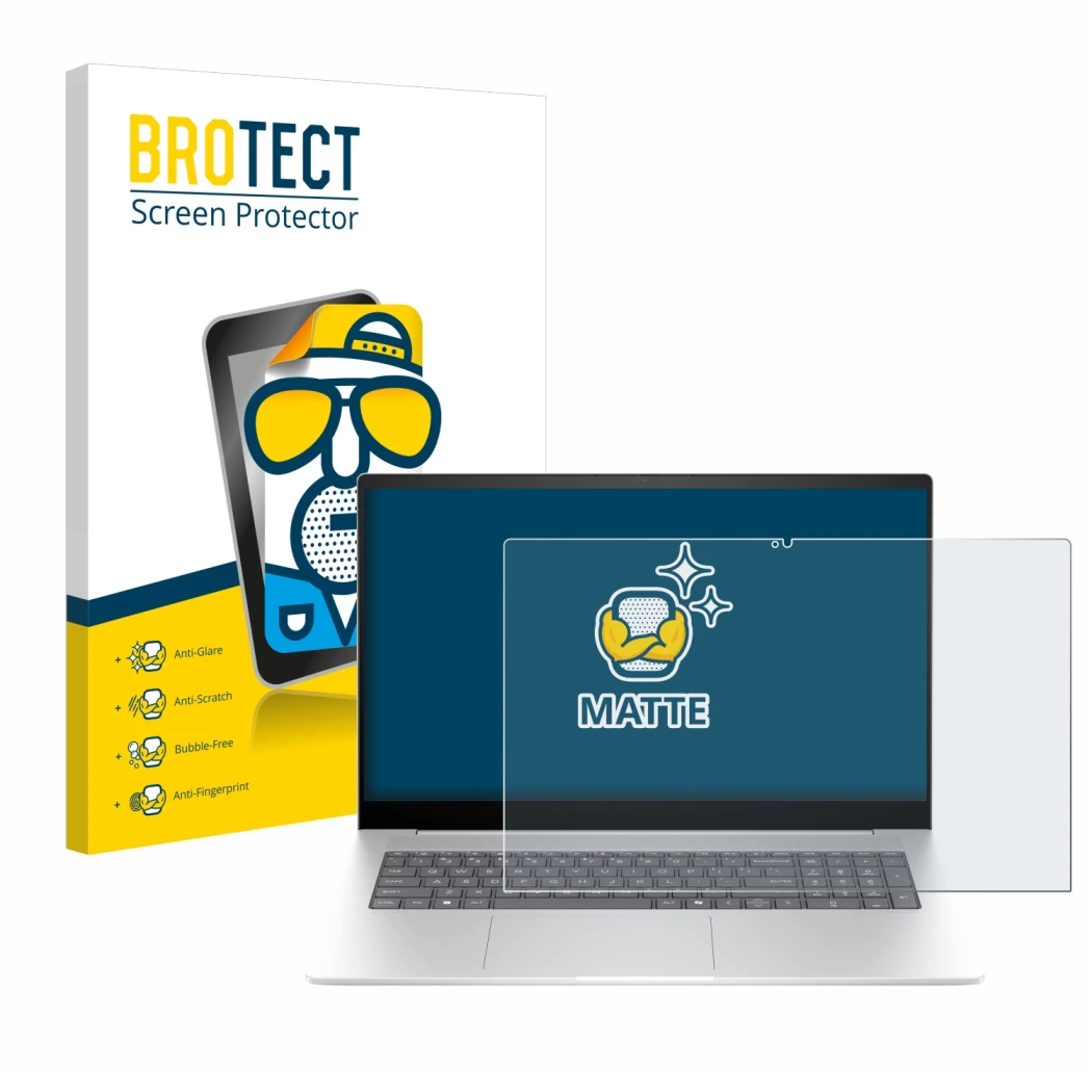 Front side of a product packaging with the brand logo BROTECT. Next to it is the device HP Envy 17-da0777ng shown with the cor