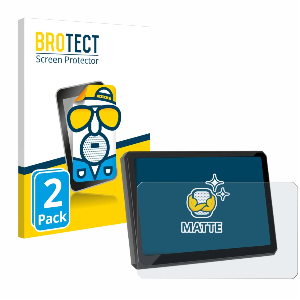 Front side of a product packaging with the brand logo BROTECT. Next to it is the device Carpuride W702BS 7