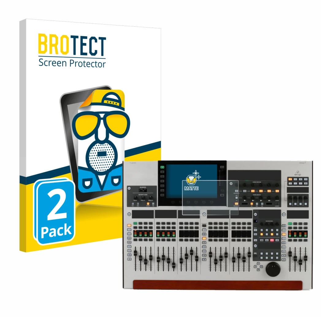Front side of a product packaging with the brand logo BROTECT. Next to it is the device Behringer Wing shown with the correspo