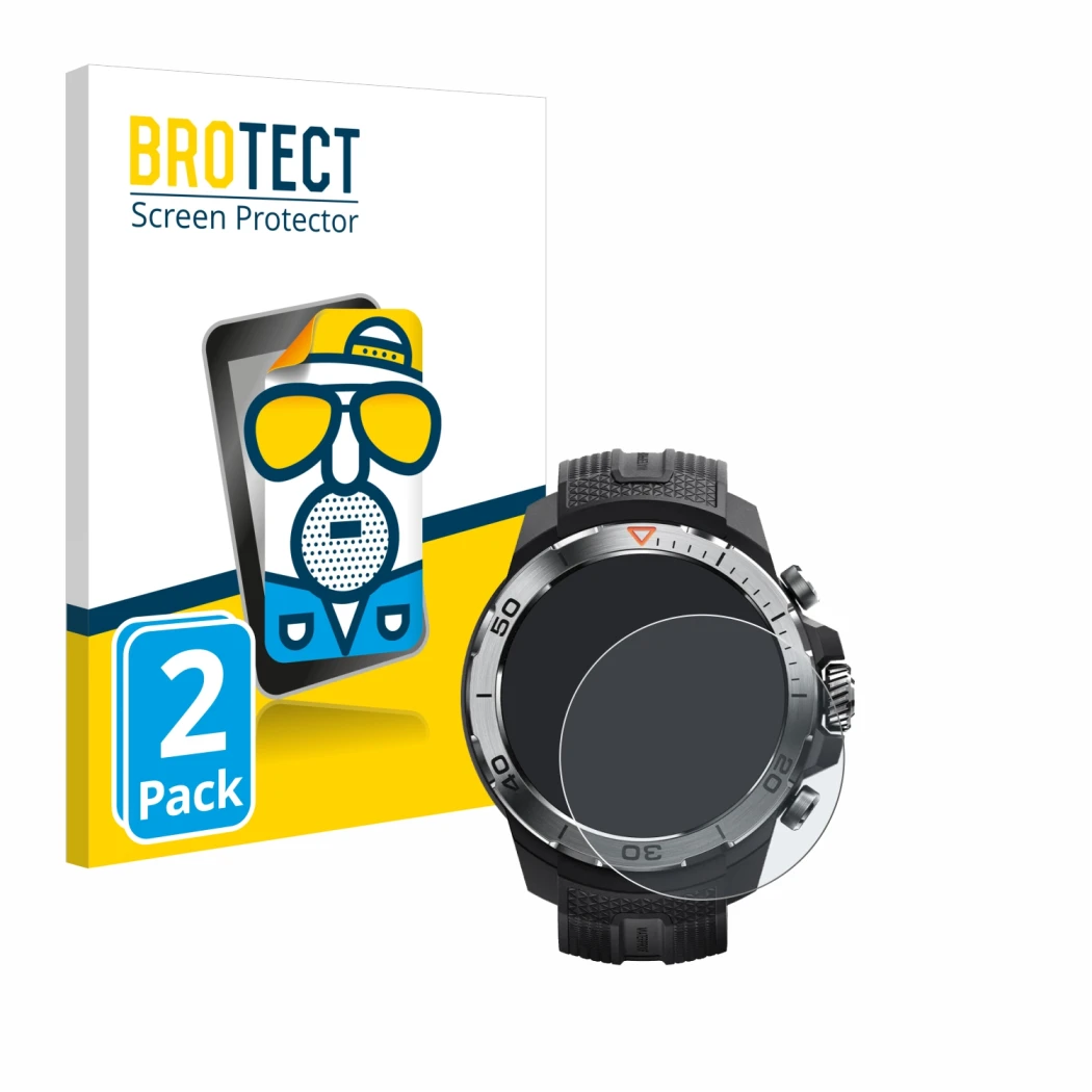 Front side of a product packaging with the brand logo BROTECT. Next to it is the device Xiaomi Mibro GS Explorer shown with th