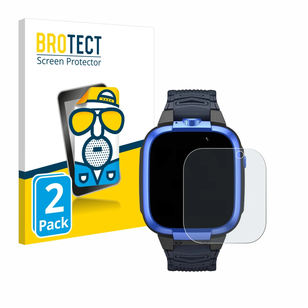 Front side of a product packaging with the brand logo BROTECT. Next to it is the device Xiaomi Mibro Kids Z3 shown with the co