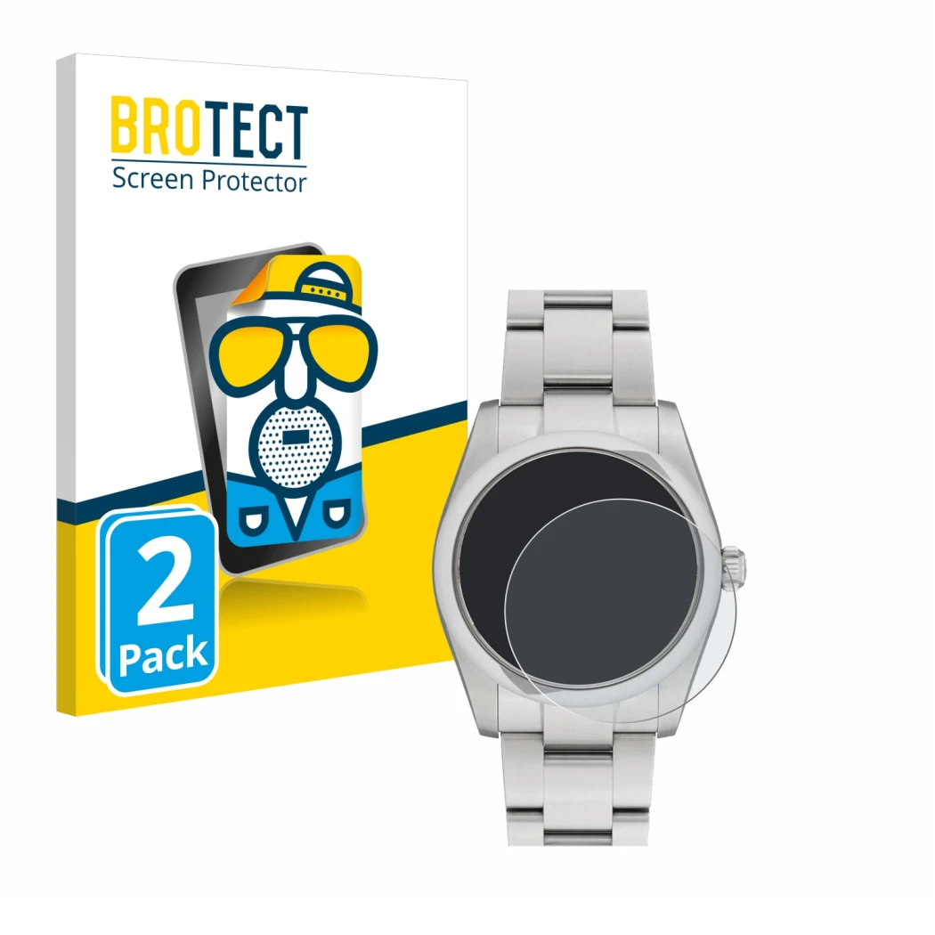 Front side of a product packaging with the brand logo BROTECT. Next to it is the device Rolex Oyster Perpetual 34 shown with t