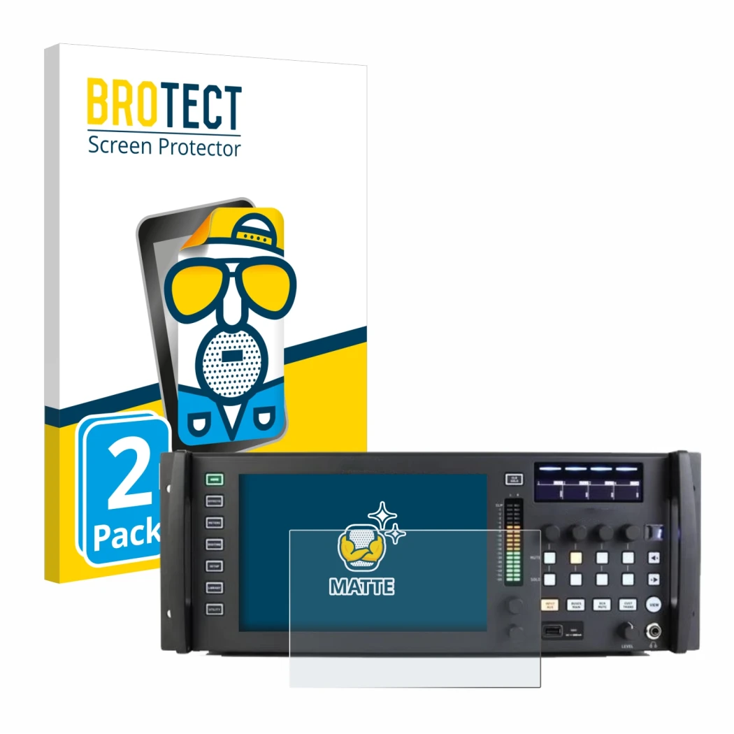 Front side of a product packaging with the brand logo BROTECT. Next to it is the device Behringer Wing Rack shown with the cor