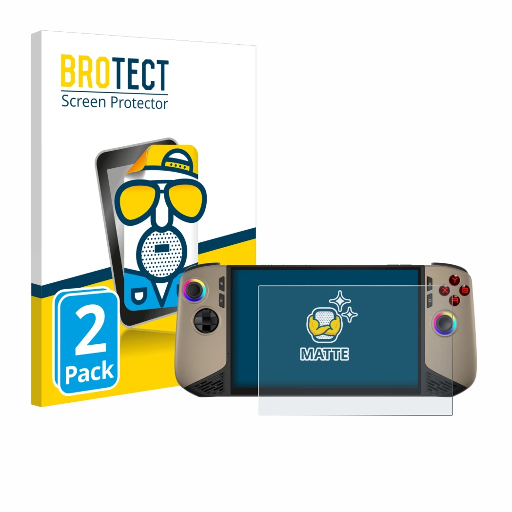 Front side of a product packaging with the brand logo BROTECT. Next to it is the device MSI Claw 8 AI+ shown with the correspo