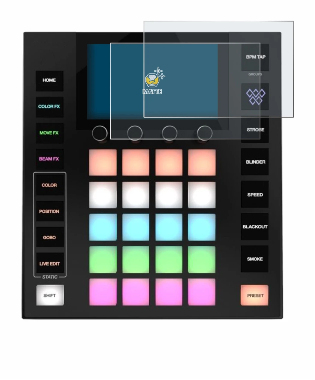 Image of the device Wolfmix W1 MK2 with a wide variety of screen protectors.