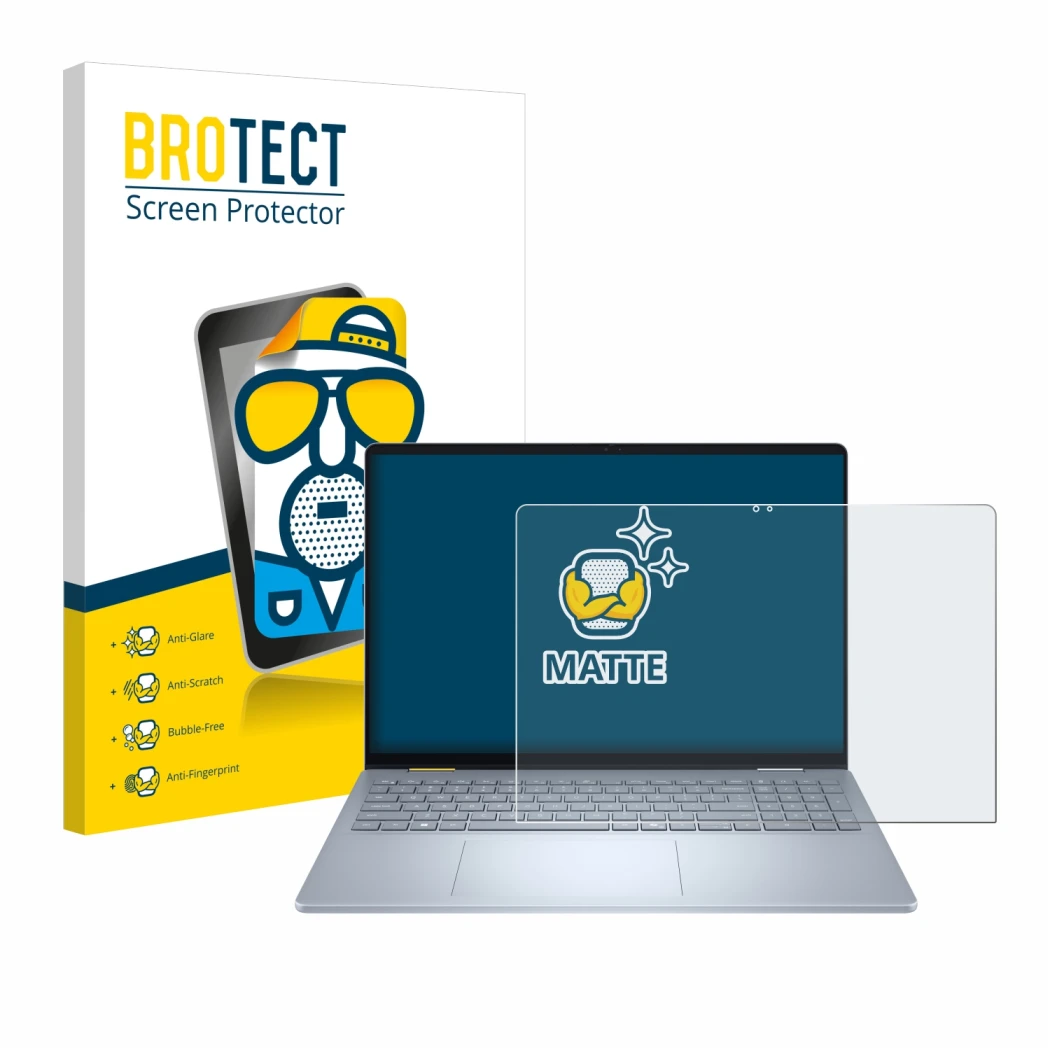 Front side of a product packaging with the brand logo BROTECT. Next to it is the device Dell 16 Plus-2-in-1 shown with the cor