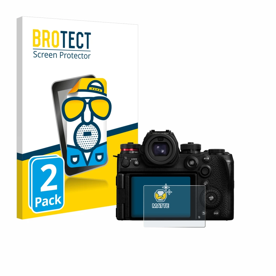 Front side of a product packaging with the brand logo BROTECT. Next to it is the device Panasonic Lumix S1R II shown with the 