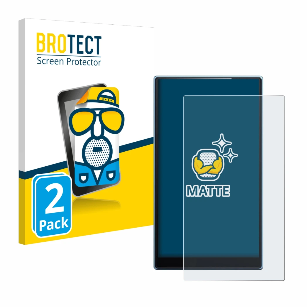 Front side of a product packaging with the brand logo BROTECT. Next to it is the device FiiO JM21 shown with the corresponding