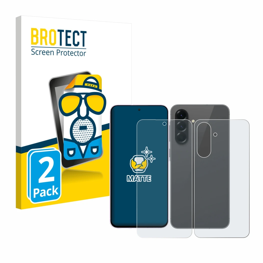 Front side of a product packaging with the brand logo BROTECT. Next to it is the device Samsung Galaxy A56 5G (Front+Back) sho