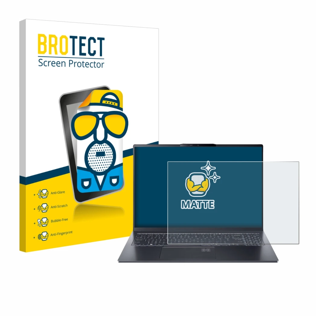 Front side of a product packaging with the brand logo BROTECT. Next to it is the device Acer Swift Go 16 AI shown with the cor