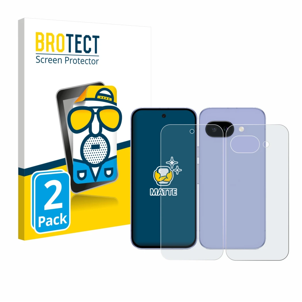 Front side of a product packaging with the brand logo BROTECT. Next to it is the device Google Pixel 9a (Front+Back) shown wit