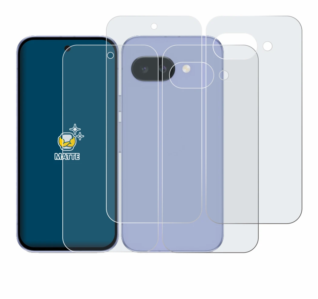 Image of the device Google Pixel 9a (Front+Back) with a wide variety of screen protectors.