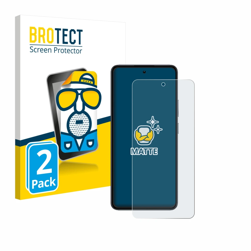 Front side of a product packaging with the brand logo BROTECT. Next to it is the device realme 14 shown with the corresponding