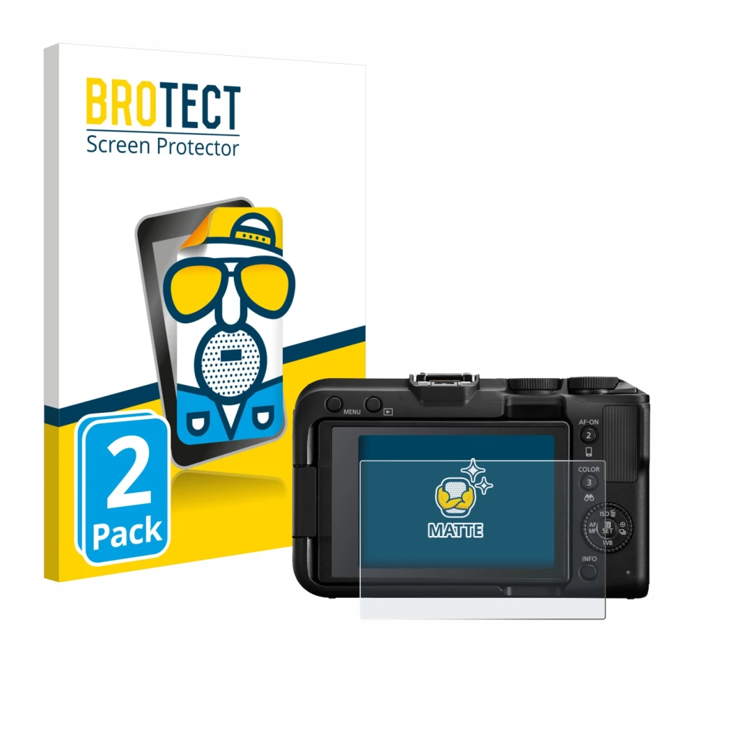 Front side of a product packaging with the brand logo BROTECT. Next to it is the device Canon EOS R50 V shown with the corresp