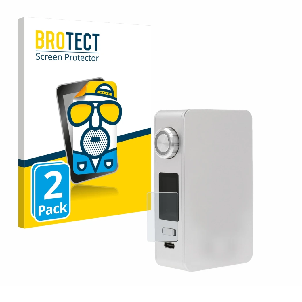 Front side of a product packaging with the brand logo BROTECT. Next to it is the device Lost Vape Centaurus M200 shown with th