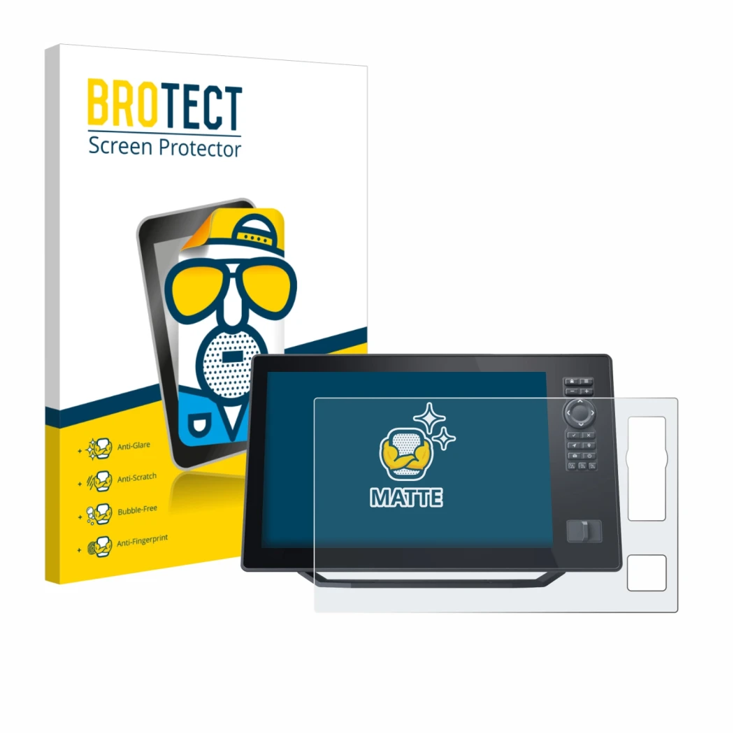 Front side of a product packaging with the brand logo BROTECT. Next to it is the device Humminbird Xplore 12 shown with the co