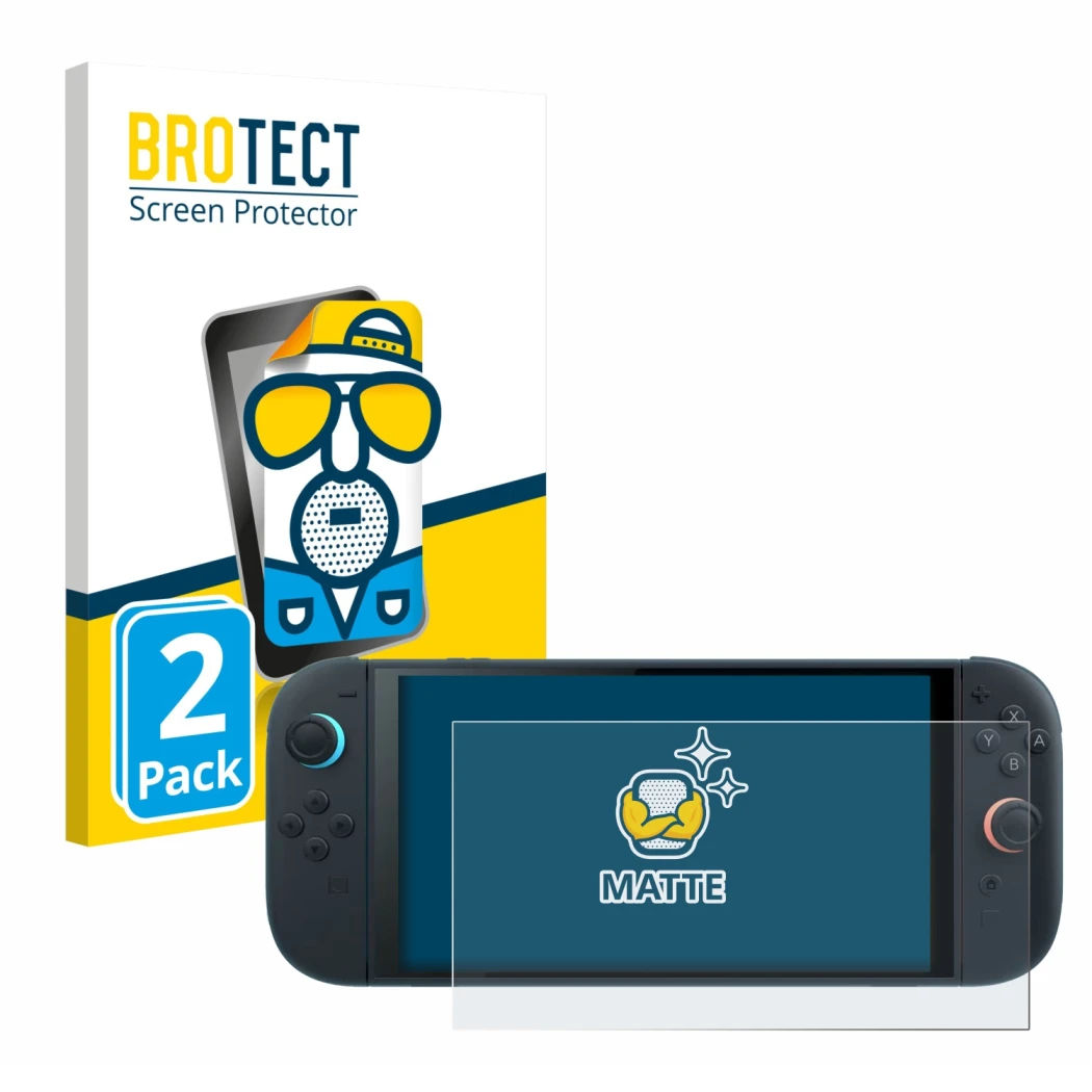 Front side of a product packaging with the brand logo BROTECT. Next to it is the device Nintendo Switch 2 shown with the corre