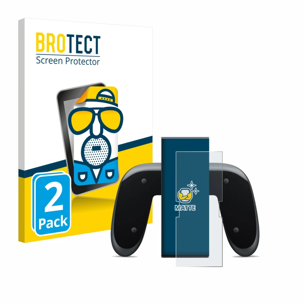 Front side of a product packaging with the brand logo BROTECT. Next to it is the device Nintendo Switch 2 Joy-Con 2-Holder sho