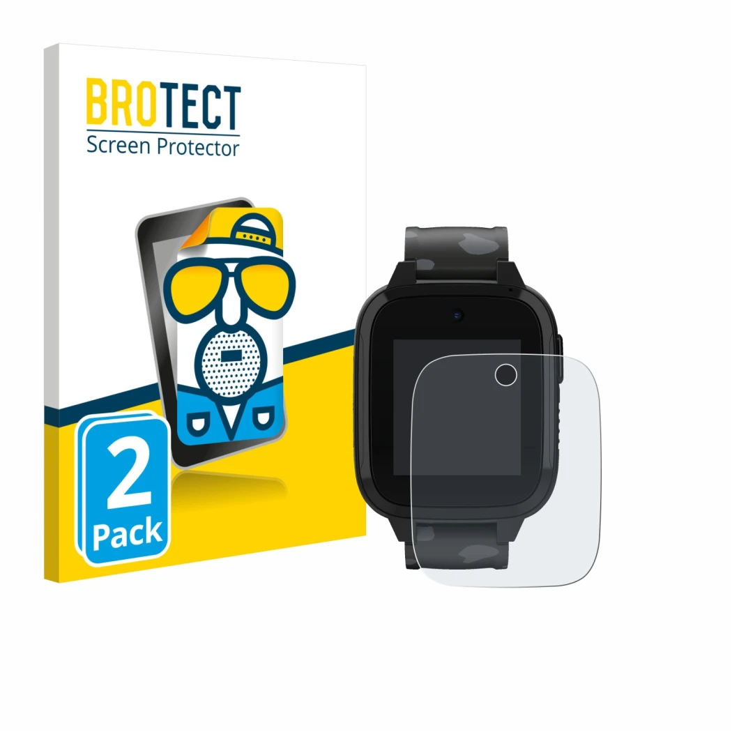 Front side of a product packaging with the brand logo BROTECT. Next to it is the device Xplora XGO3 (2nd Gen.) shown with the