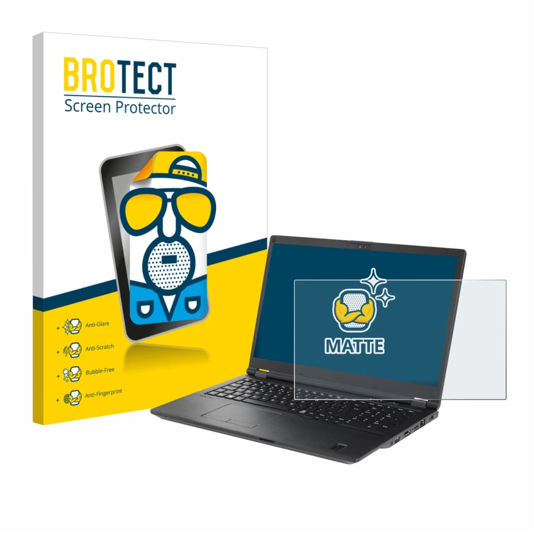 Front side of a product packaging with the brand logo BROTECT. Next to it is the device Fujitsu Lifebook U7511 shown with the 
