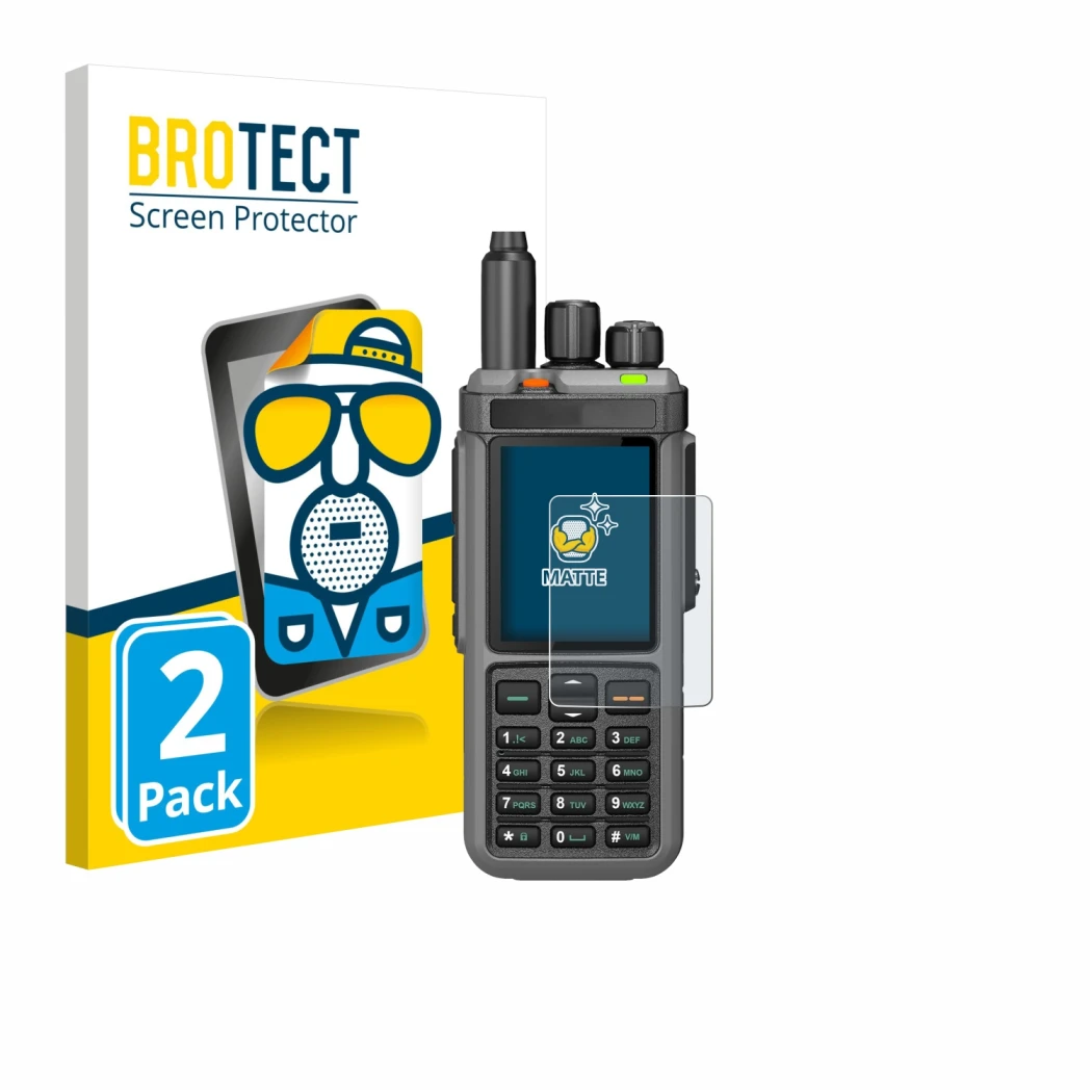 Front side of a product packaging with the brand logo BROTECT. Next to it is the device Radtel RT-880 shown with the correspon