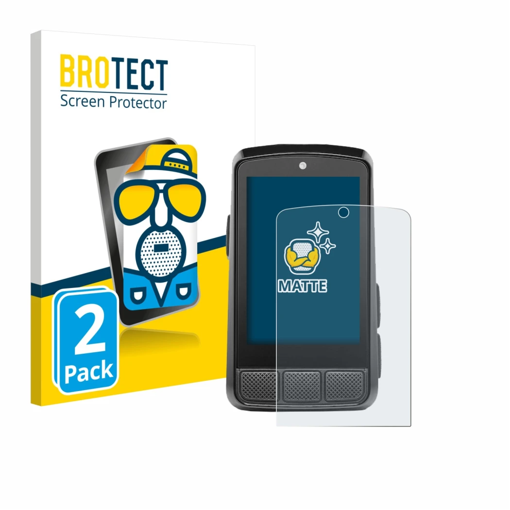 Front side of a product packaging with the brand logo BROTECT. Next to it is the device Wahoo Elemnt Bolt 3 shown with the cor