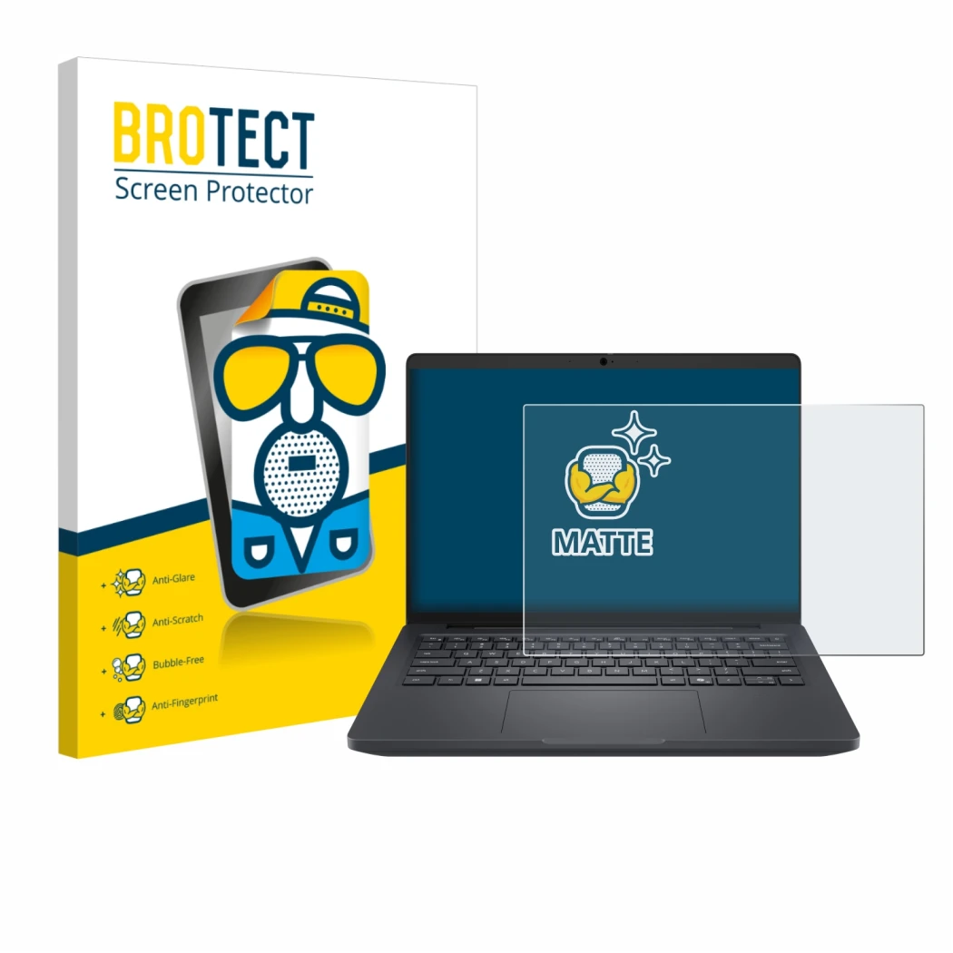 Front side of a product packaging with the brand logo BROTECT. Next to it is the device Dell Pro Max 14 shown with the corresp