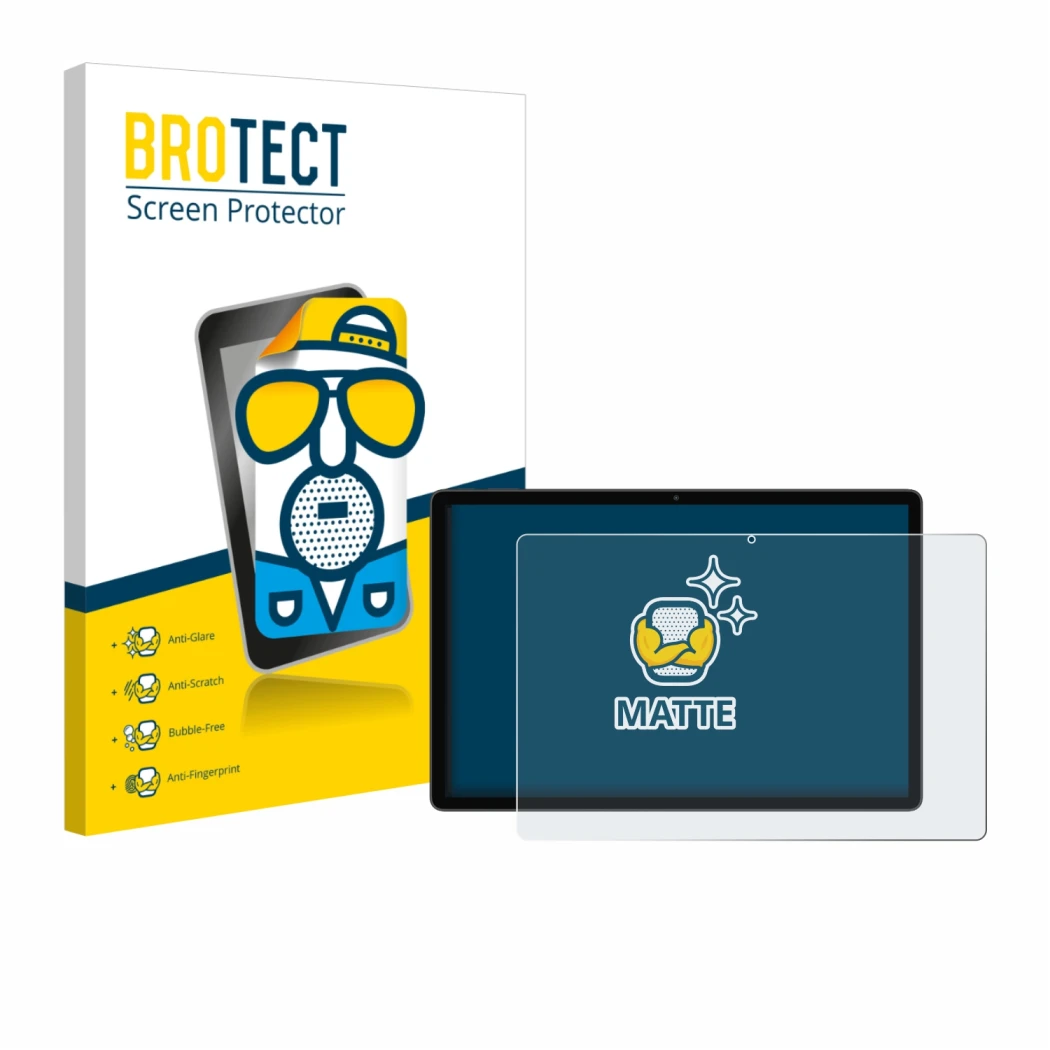 Front side of a product packaging with the brand logo BROTECT. Next to it is the device Blackview Mega 8 shown with the corres